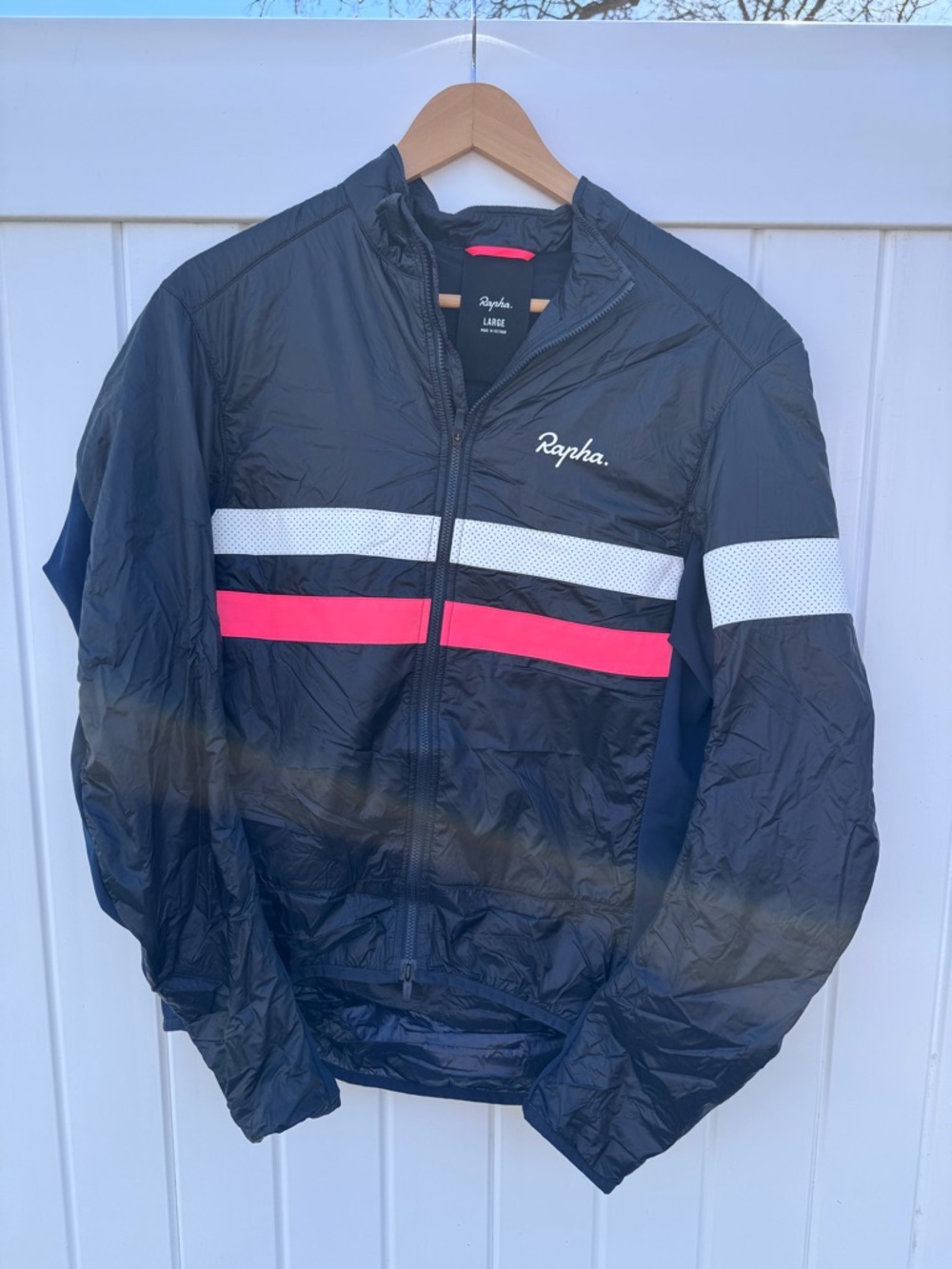 Rapha Black Jacket with White and Hot Pink Stripes
